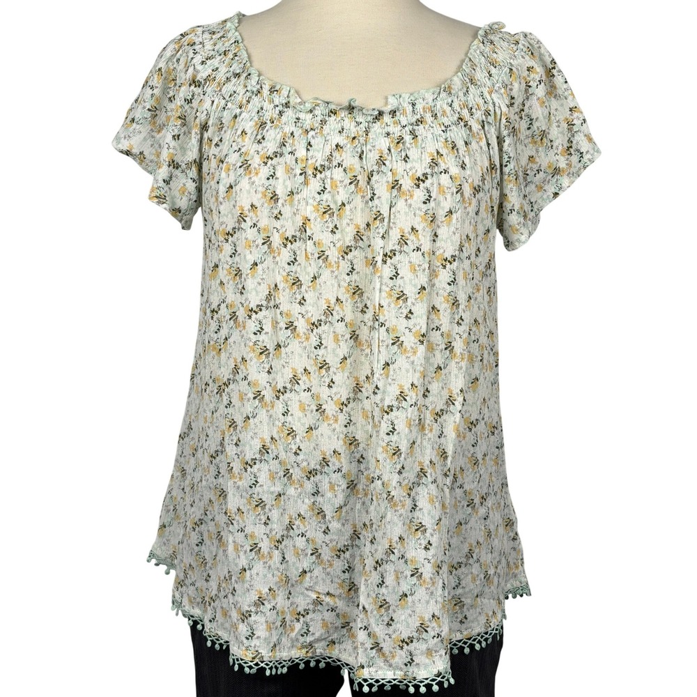 Belle du Jour White Green Yellow Floral Peasant Tunic Top Rayon Short Sleeve‎ M